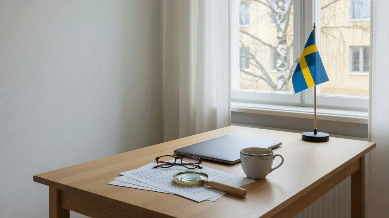 Skrivbord med dokument, förstoringsglas och kaffekopp i nordiskt ljus