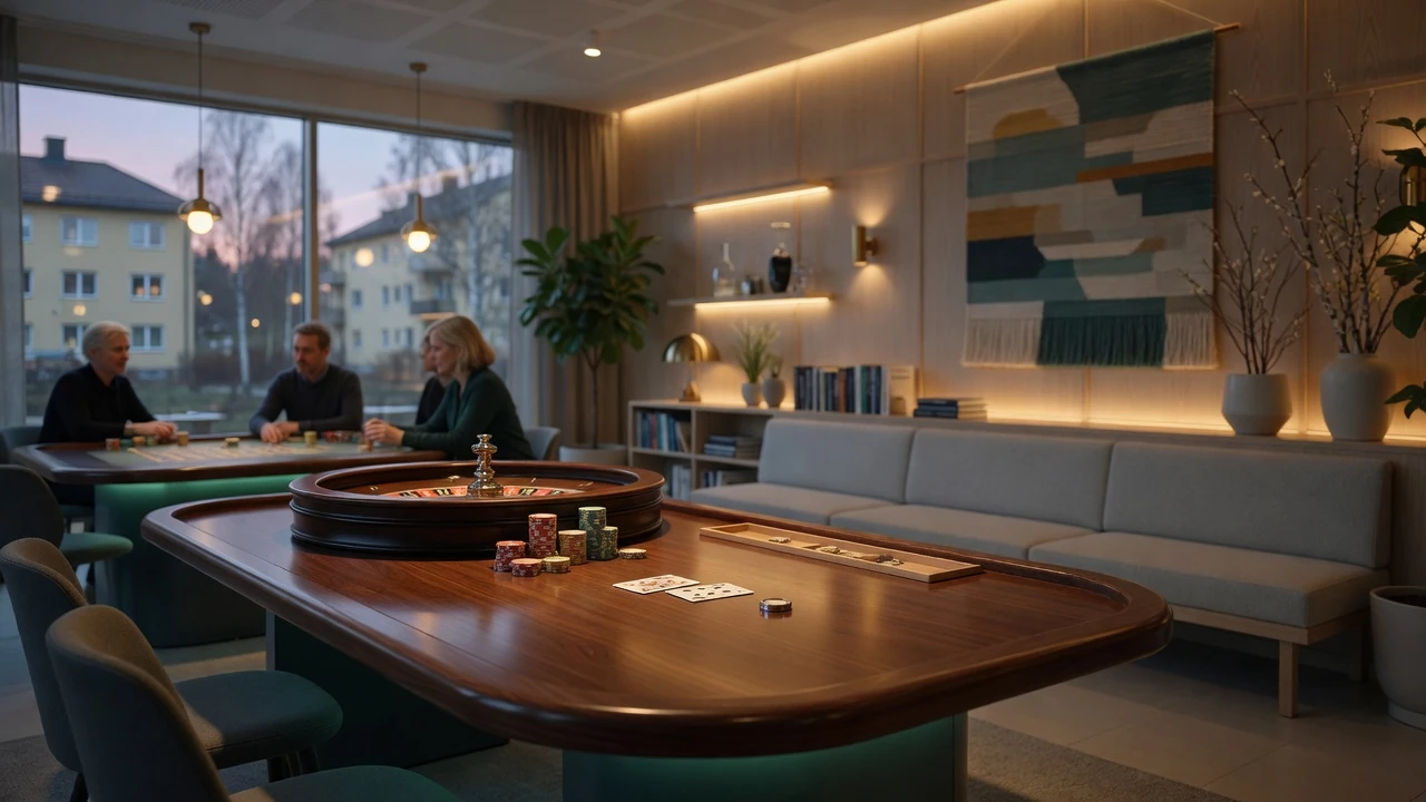 Modernt svenskt casinorum med roulettebord och elegant inredning