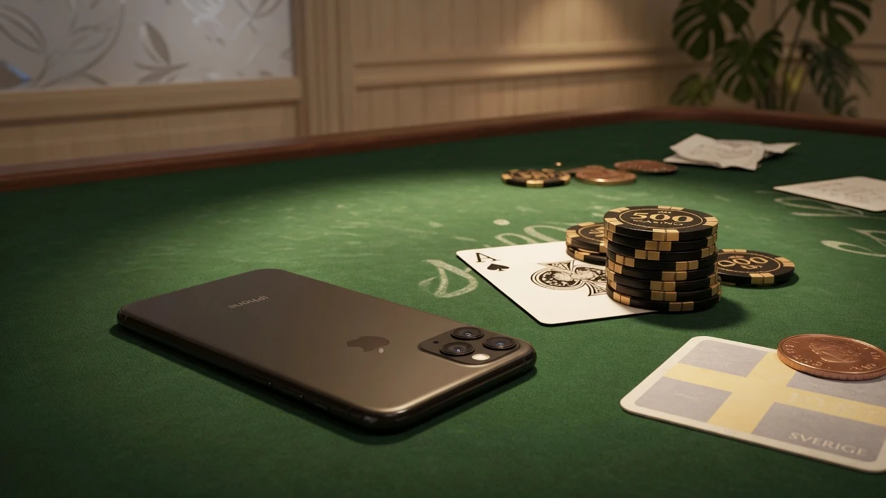 Smarttelefon liggande på casinobord med marker och ett ess, svensk casinoatmosfär