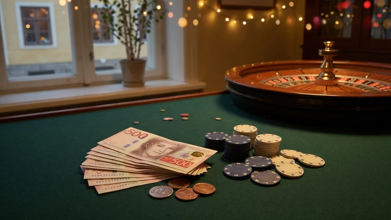 Svenska kronor-sedlar och casinofigurer på ett roulettebord
