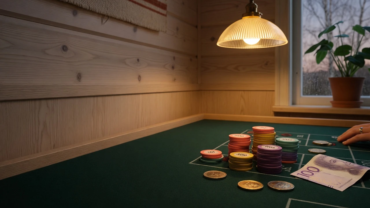 Casinobord med marker, euromynt och svenska kronor i nordisk miljö