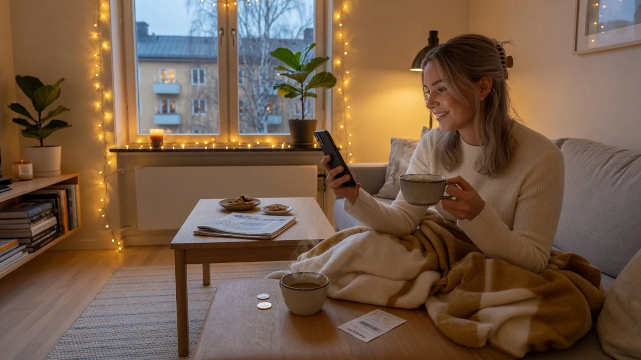 Kvinna i mysig svensk lägenhet med telefon och kaffe, gratis spinn tema