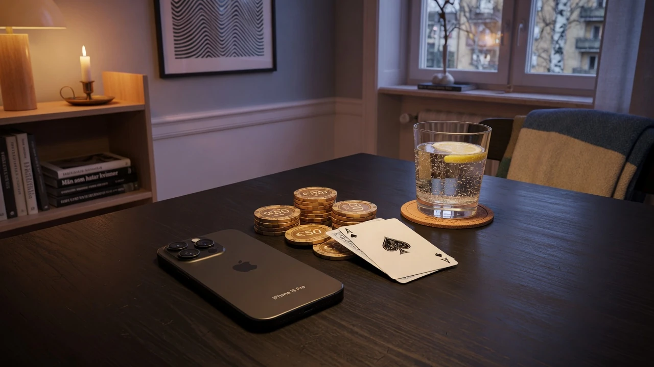 Smarttelefon med casinoleksaker på ett svenskt bord