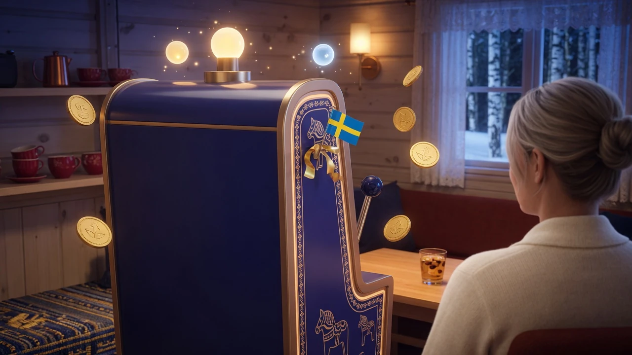 Stiliserad spelautomat med guldmynt i en svensk casinolounge