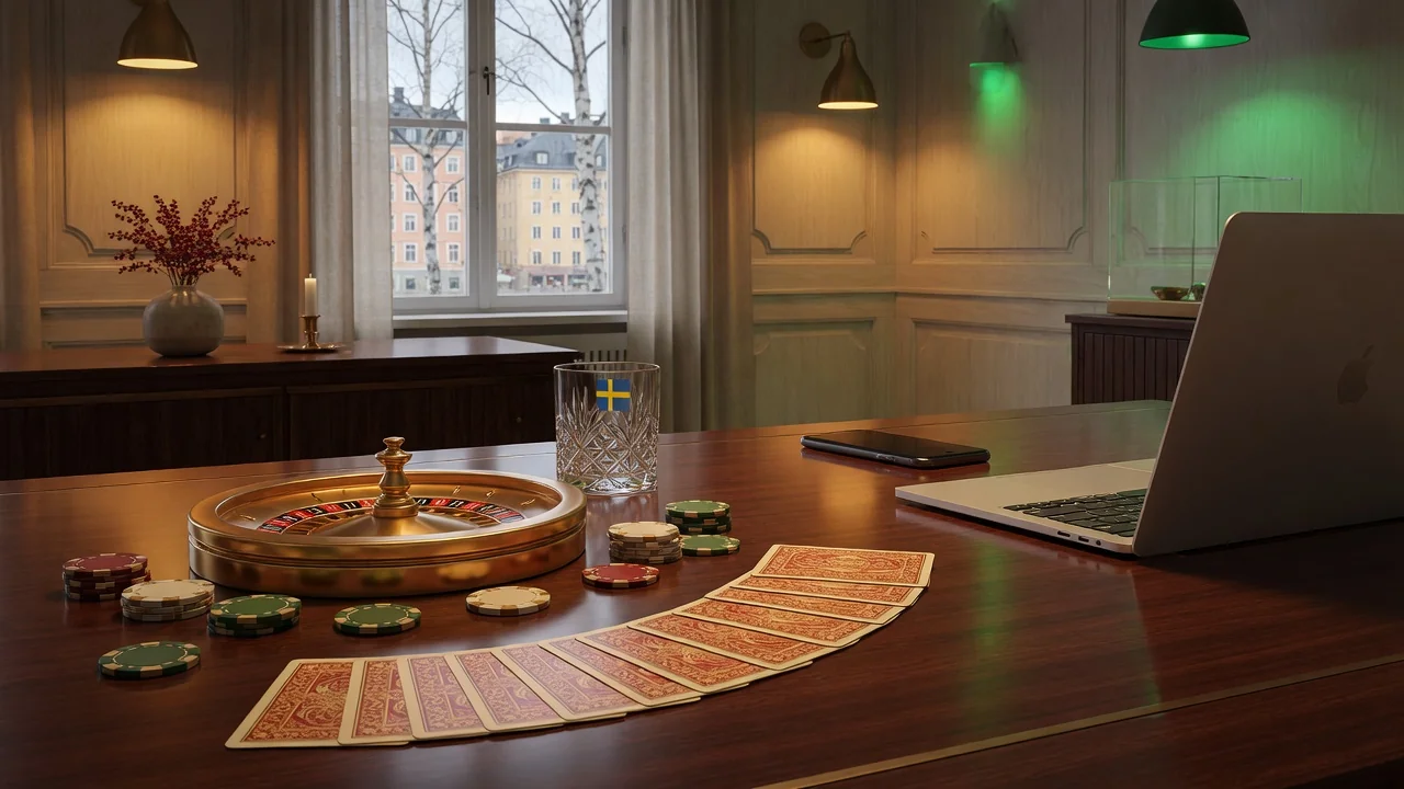 Lyxig casinobord med marker, rouletteklocka och kort vid sidan av en vikbar telefon i svensk lyxig loungemiljö