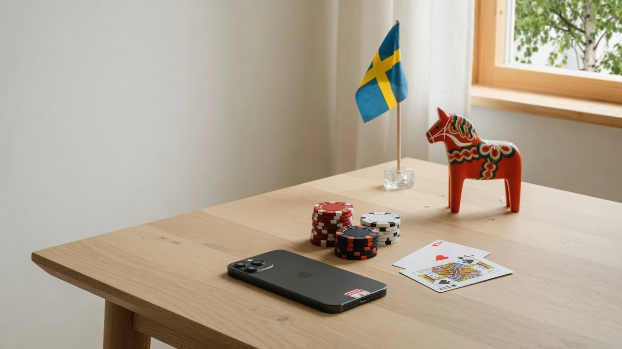 Smartphone med casinoföremål på ljust nordiskt träbord med svenska detaljer