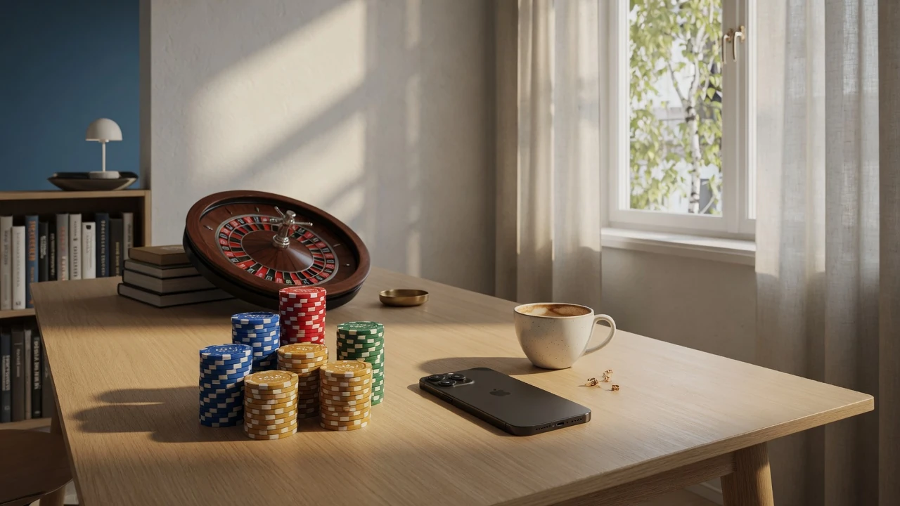 Casinochips och roulettehjul på ett svenskt bord