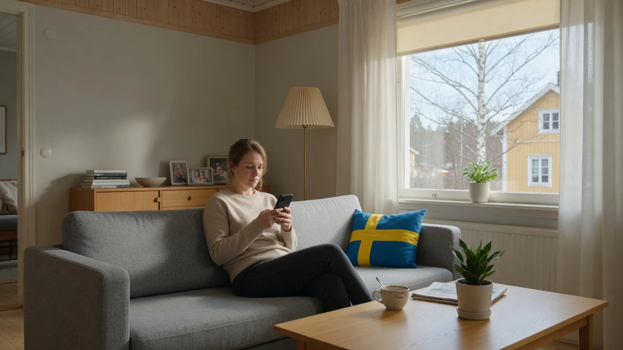 Person i vardagsrum med mobilen, svensk mysig atmosfär