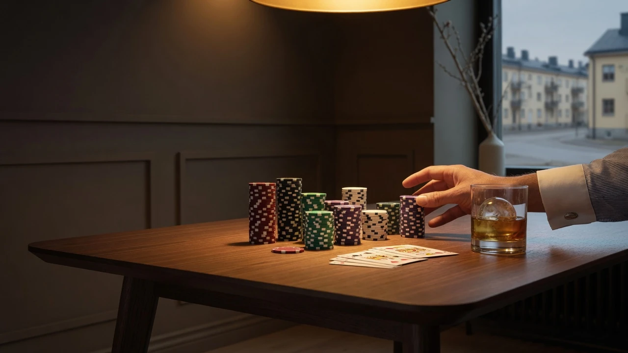 Elegant casinobord med marker, spelkort och lyxig belysning