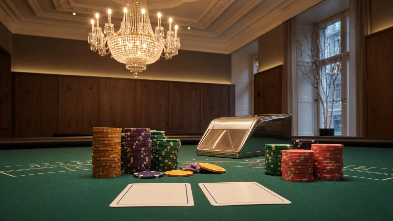 Elegant baccaratbord med marker och kort i lyxig casinomiljö