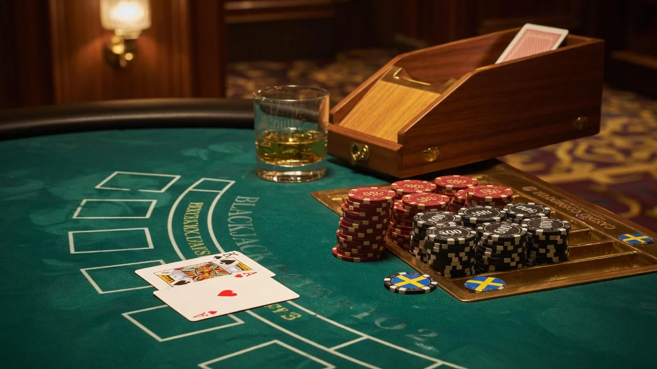 Blackjack-bord med kort och marker i klassisk casinomiljö