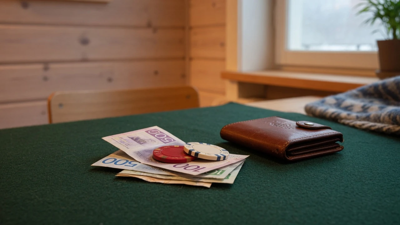 Liten hög med kronor och casinomarker på ett filtbord i varmt nordiskt ljus.