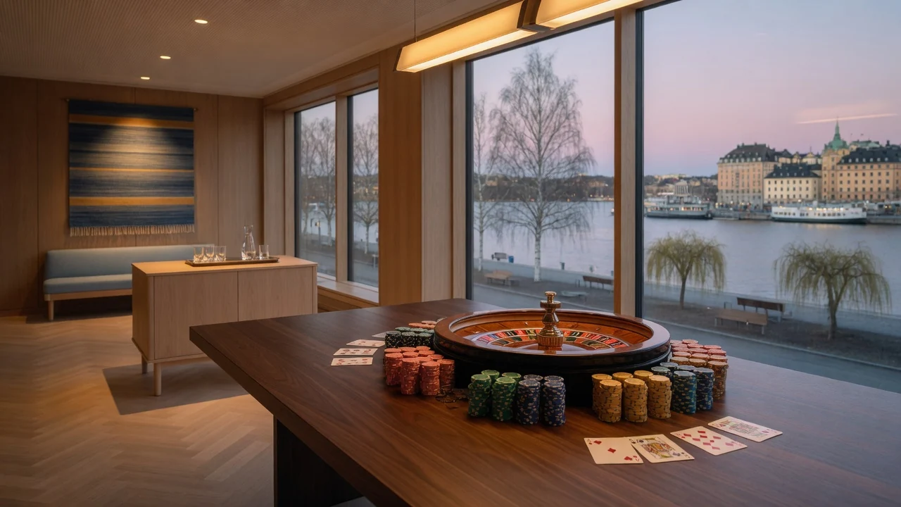 Elegant casinostudio med roulettebord, marker och svensk inredning