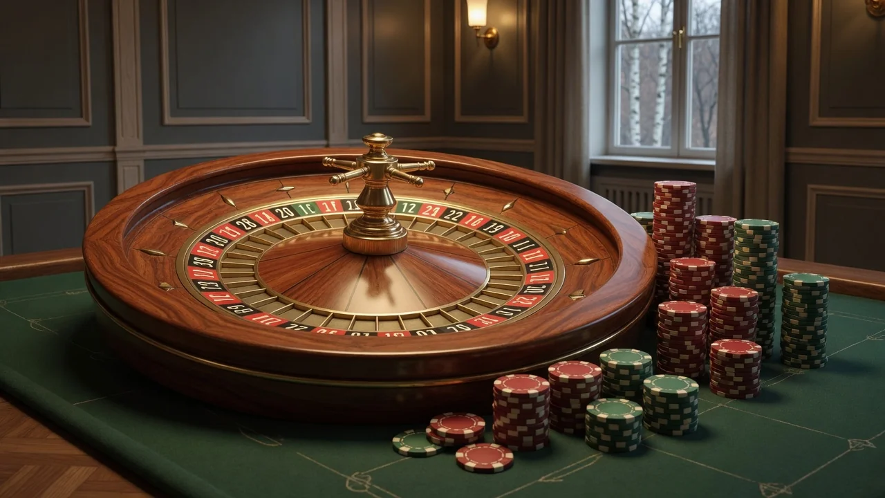 Elegant roulettehjul med marker på grönt filtbord i en stilren skandinavisk casinomiljö
