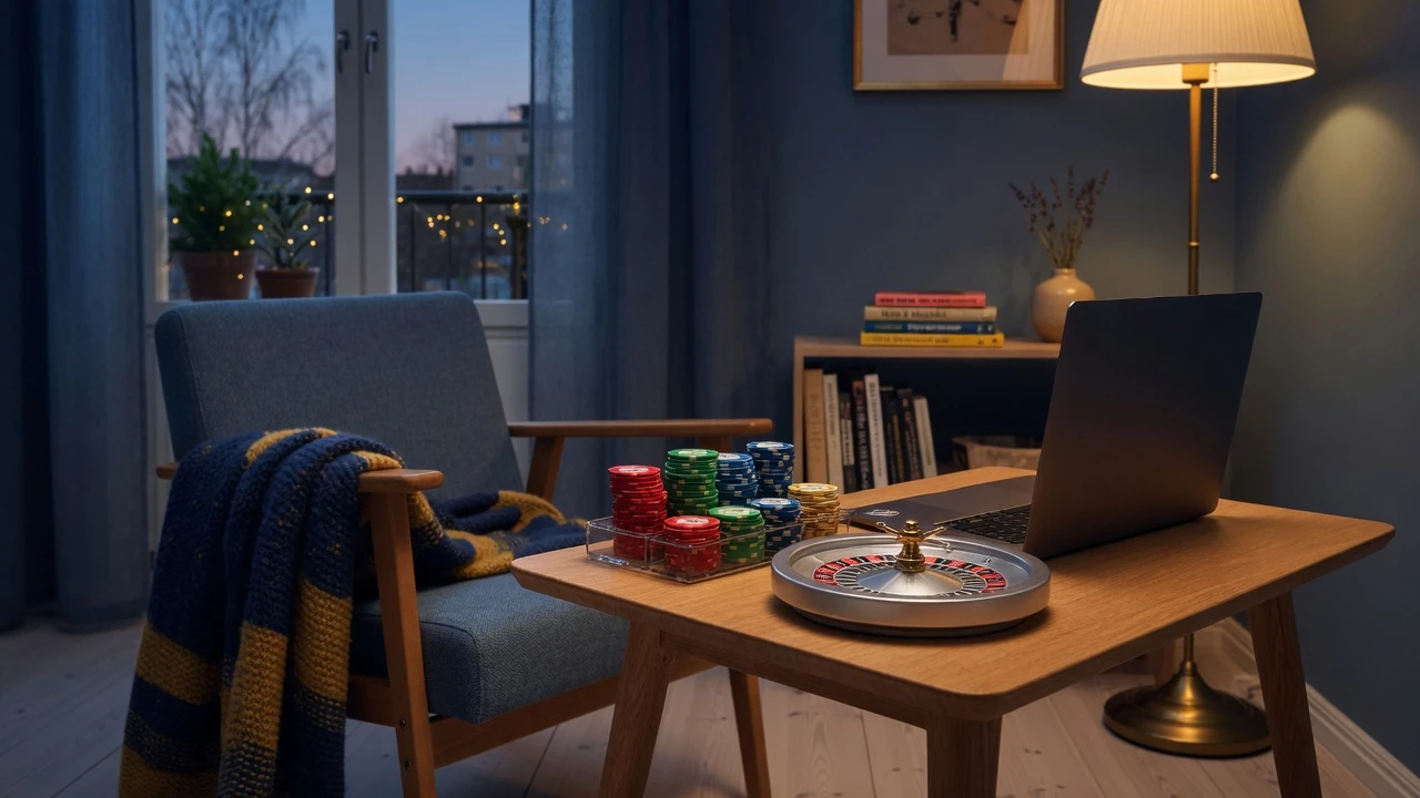 Casinomarker och roulette i ett mysigt svenskt vardagsrum med dämpad belysning