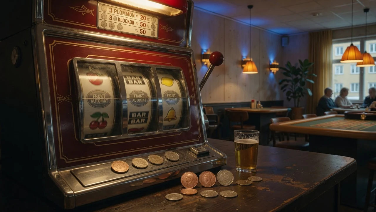 Klassisk spelautomat med fysiska hjul i stämningsfullt svenskt casinoklimat