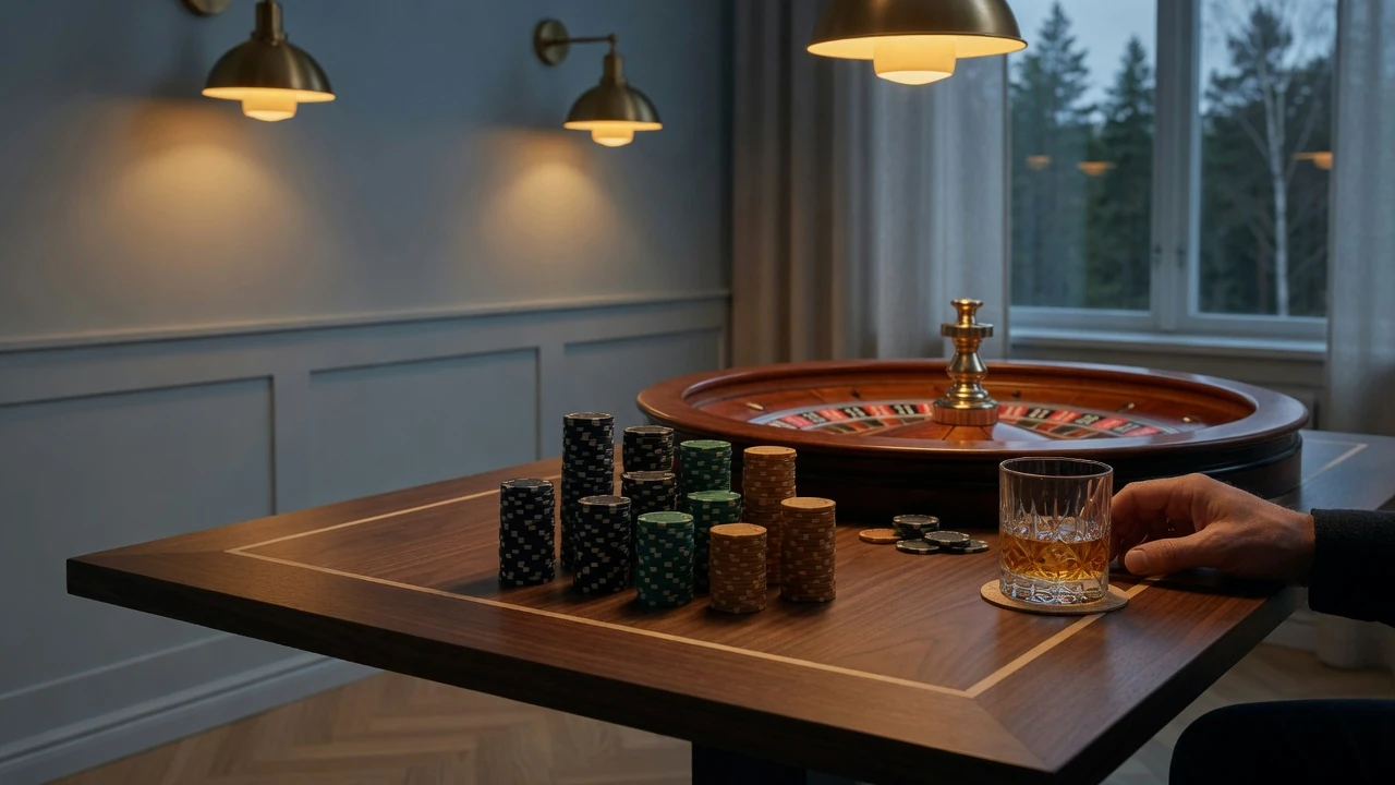 Elegant svenskt casinobord med marker och roulettehjul