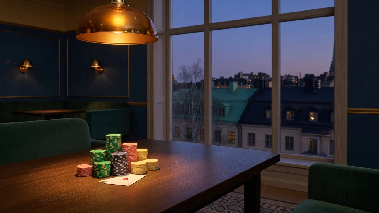 Elegant nordiskt casinolounge med färgglada marker på ett polerat ekbord i skymningsljus