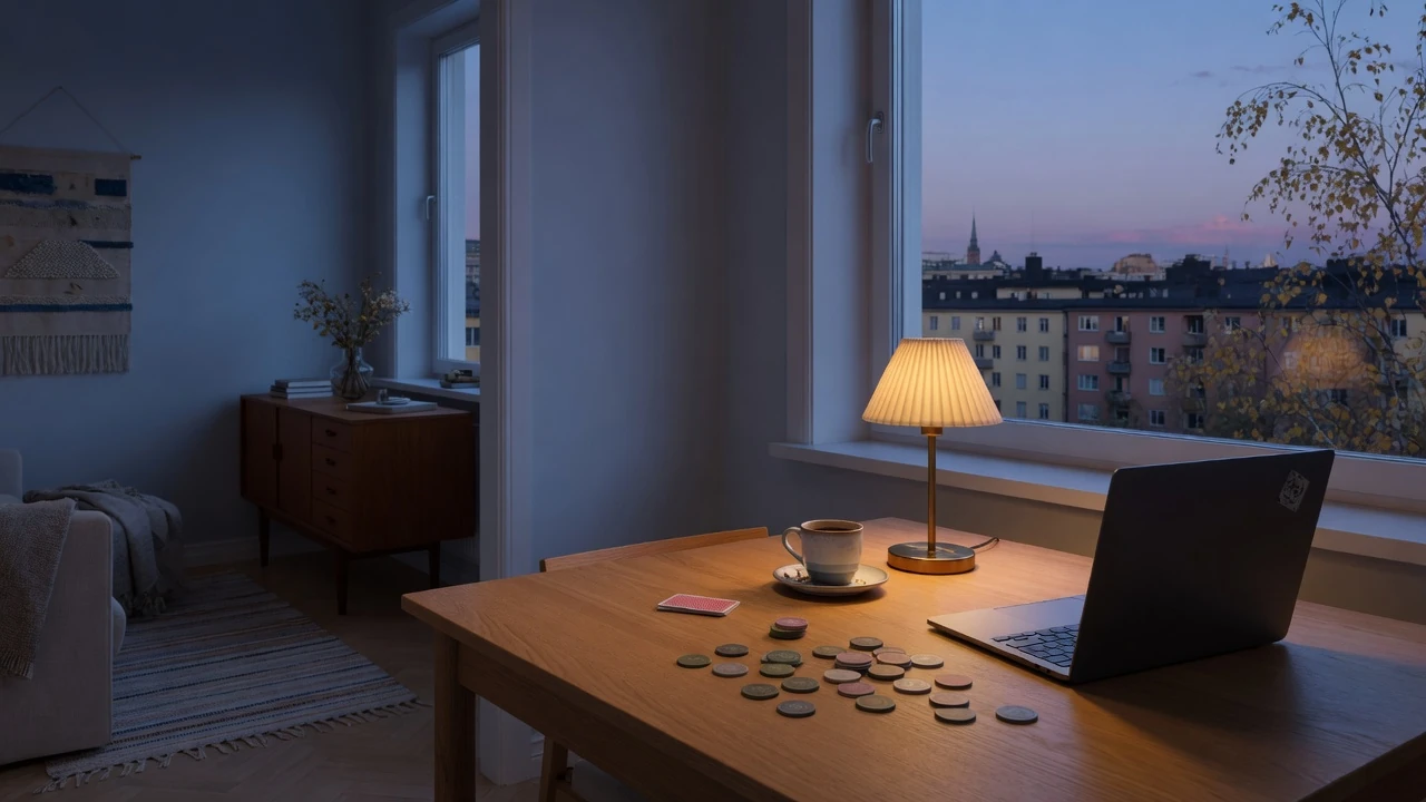 Svensk lägenhet i skymningsljus med casinomarker och ett stängt tangentbord på bordet