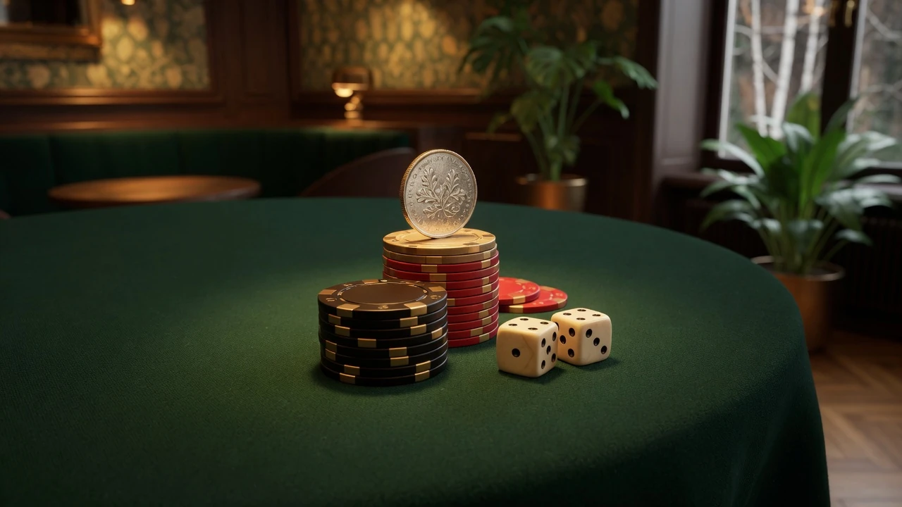 Casinomarker i guld och rött på grön filtduk med tärningar, stämningsfull belysning