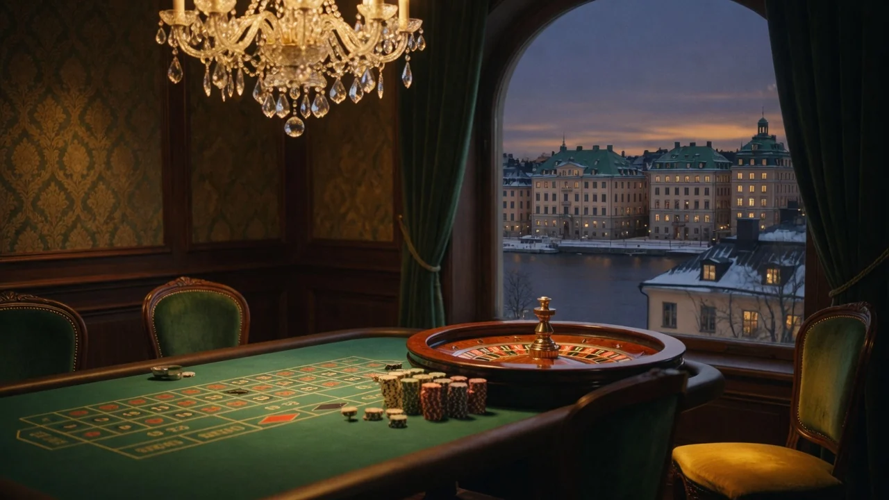 Stämningsfull casinolounge med roulettebord och utsikt över Stockholms vintervy.