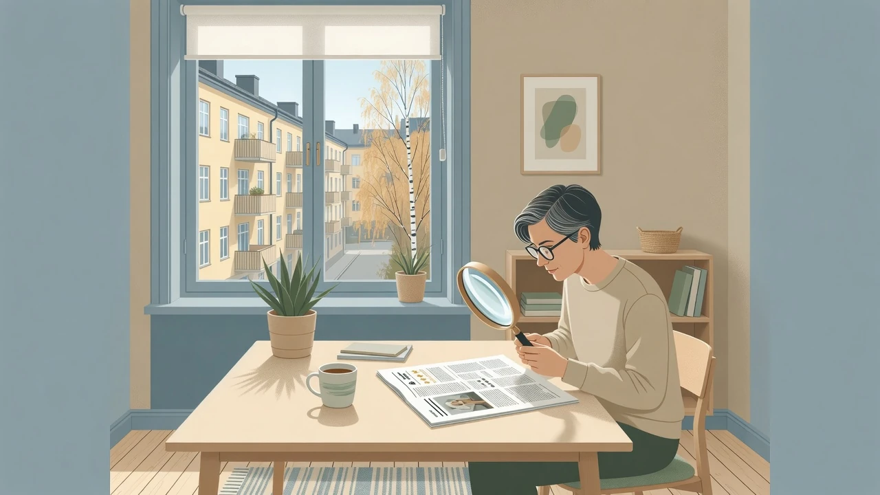 Person som granskar en casinorecension med förstoringsglas i en ljus svensk lägenhet
