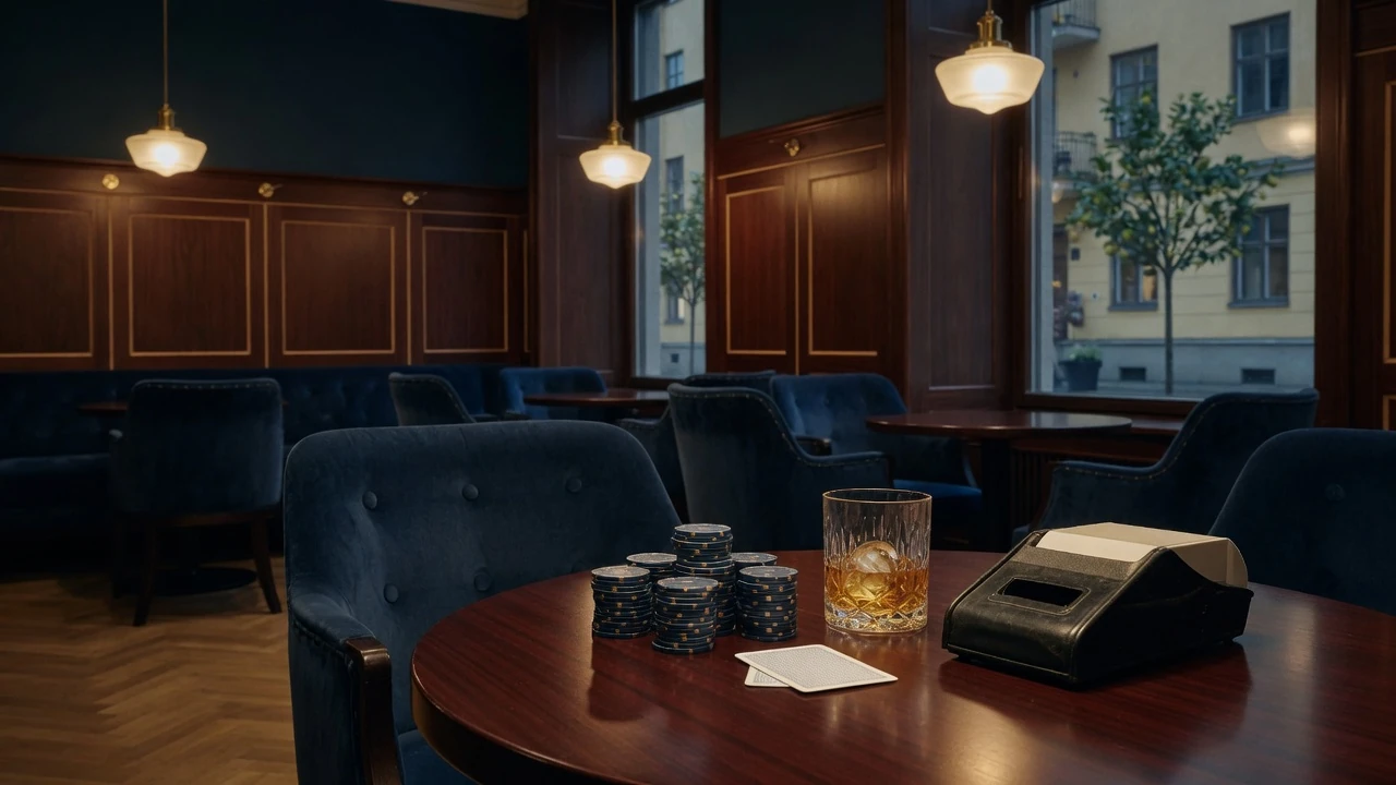 Elegant casinobord med marker, ett stängt kortskodon och whiskeyglas i dämpat ljus