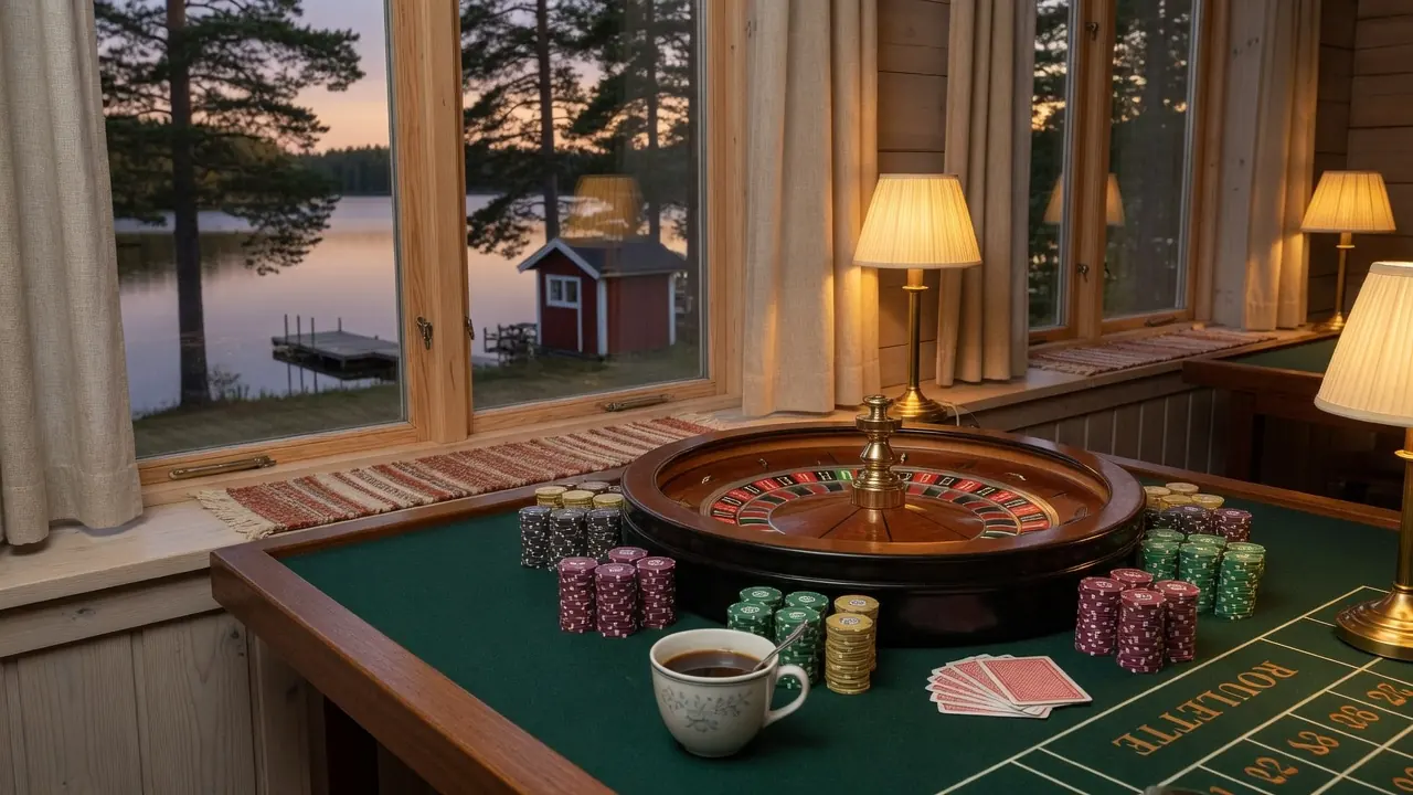 Elegant casinobord med roulettehjul, marker och kort i varmt skandinaviskt inrett rum