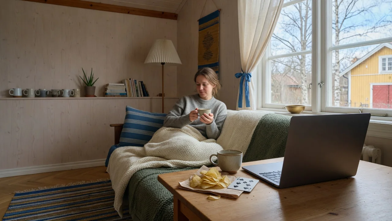 Mysig svensk vardagsrum med kaffe och casinotema detaljer