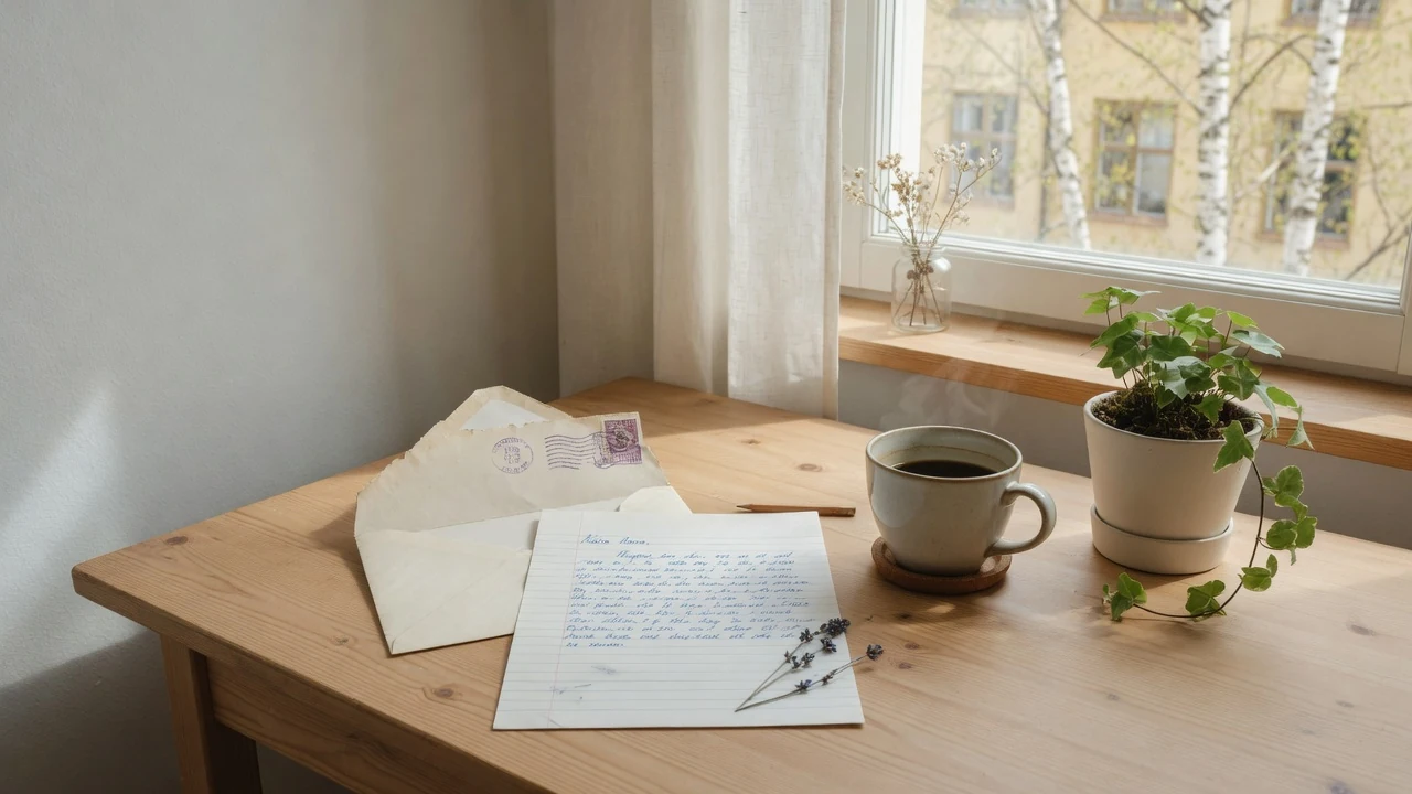 Öppet kuvert med handskriven brev på ett skrivbord i skandinavisk stil