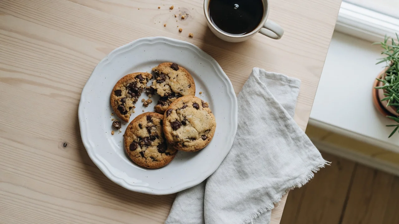 Tre chokladkakor på en vit tallrik med kaffe på en ljus träyta