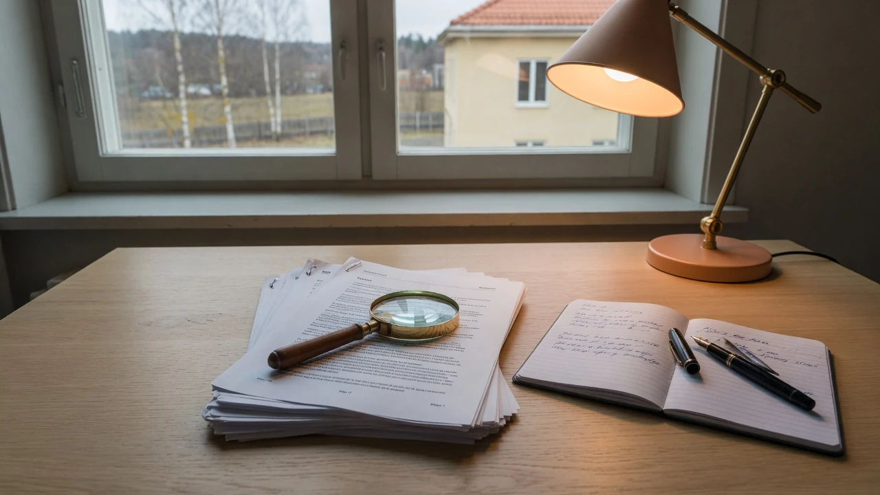 Skrivbord med juridiska dokument, förstoringsglas och anteckningsbok under lampa