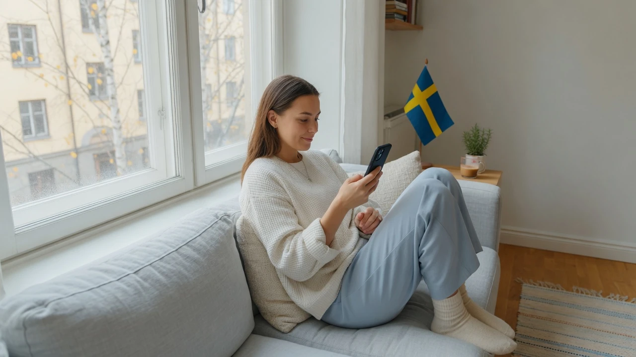 Svensk person med smartphone hemma i modern skandinavisk inredning