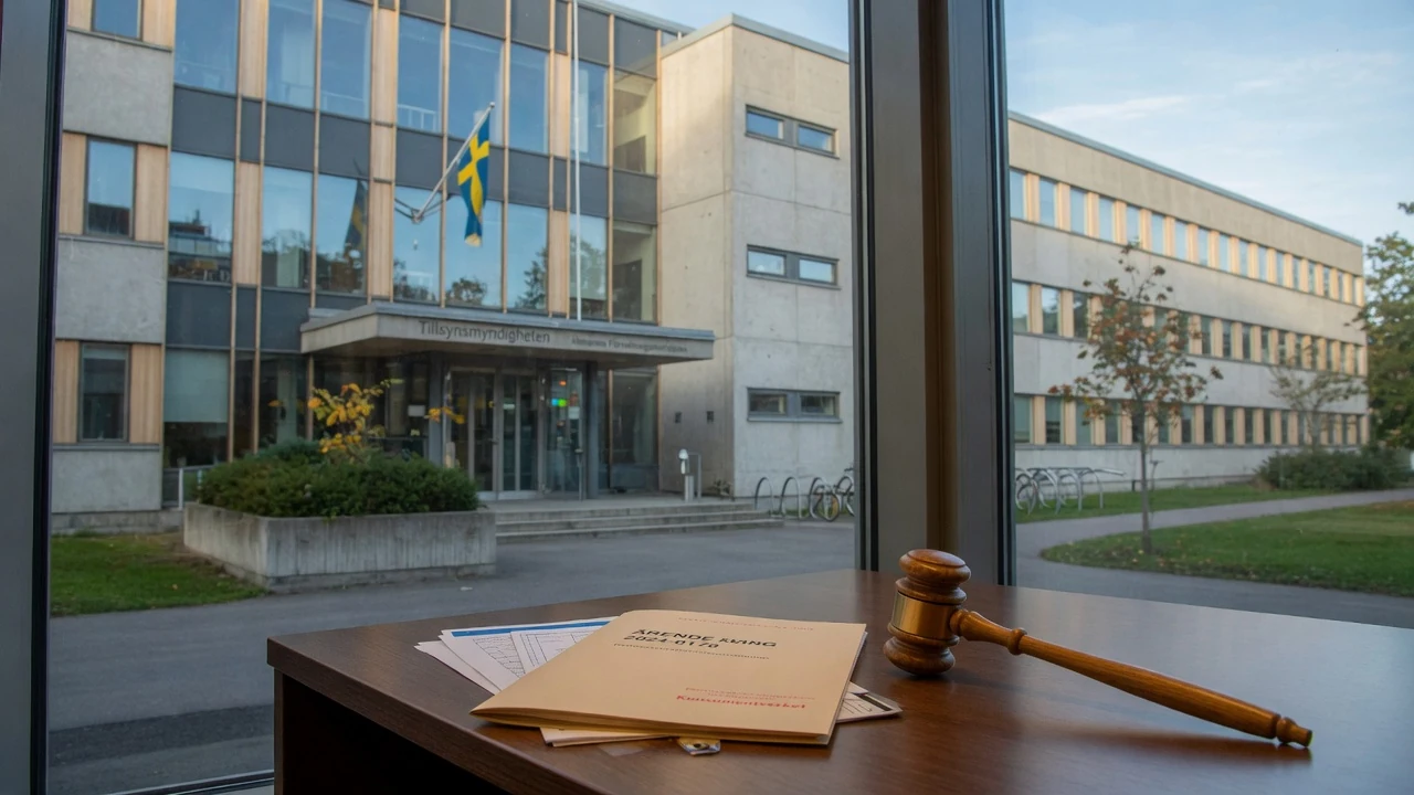 Svensk myndighetsbyggnad med flagga och dokument om spellicens