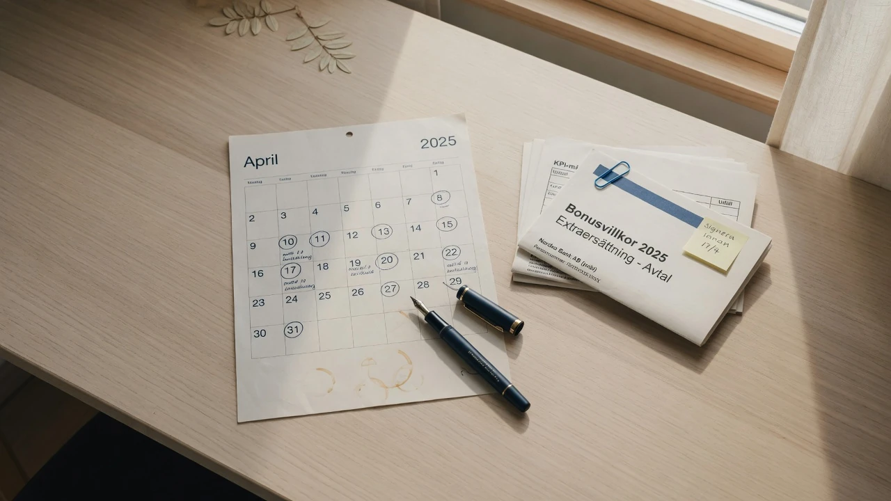 Kalender med datum och dokument med bonusvillkor på skrivbord