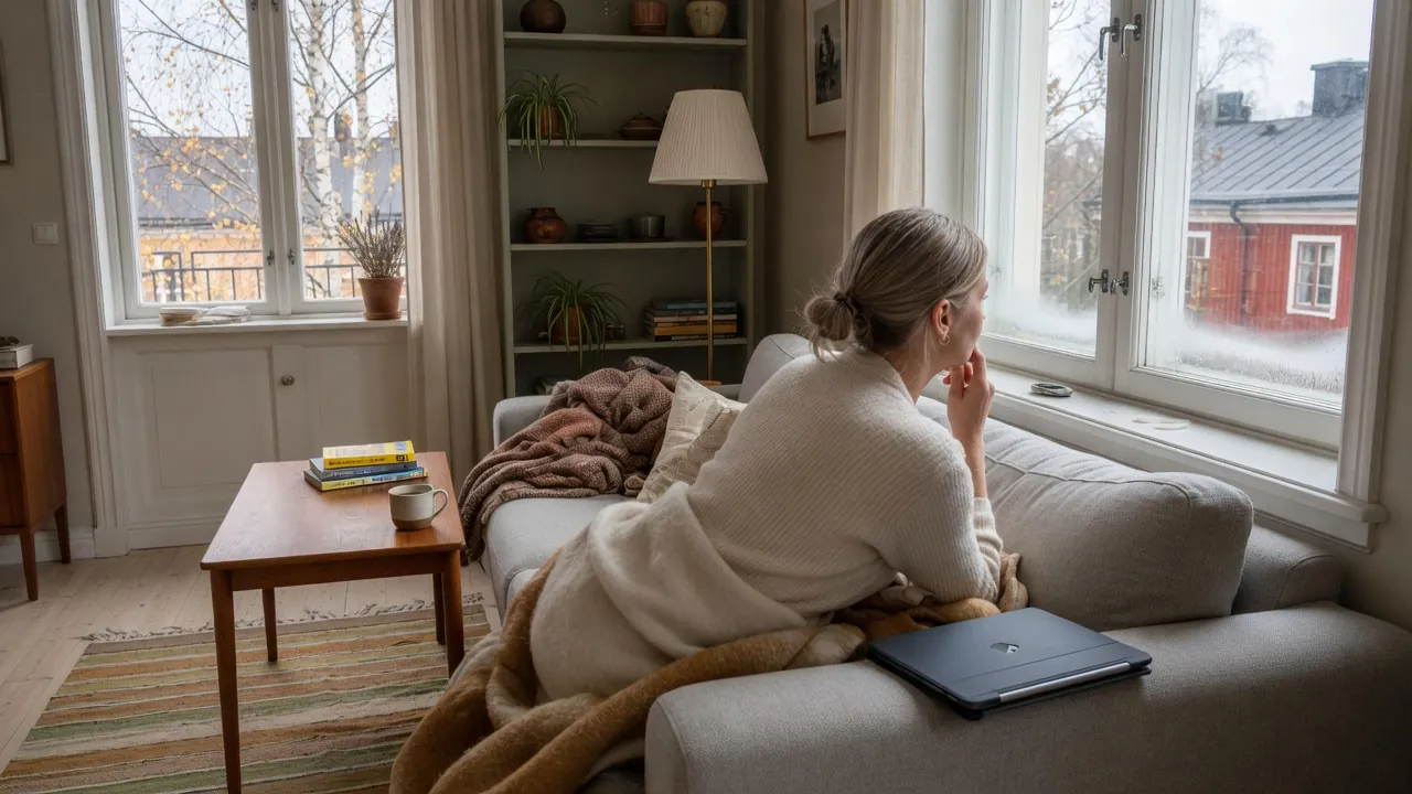 Person i vardagsrum som funderar med surfplattan vänd nedåt