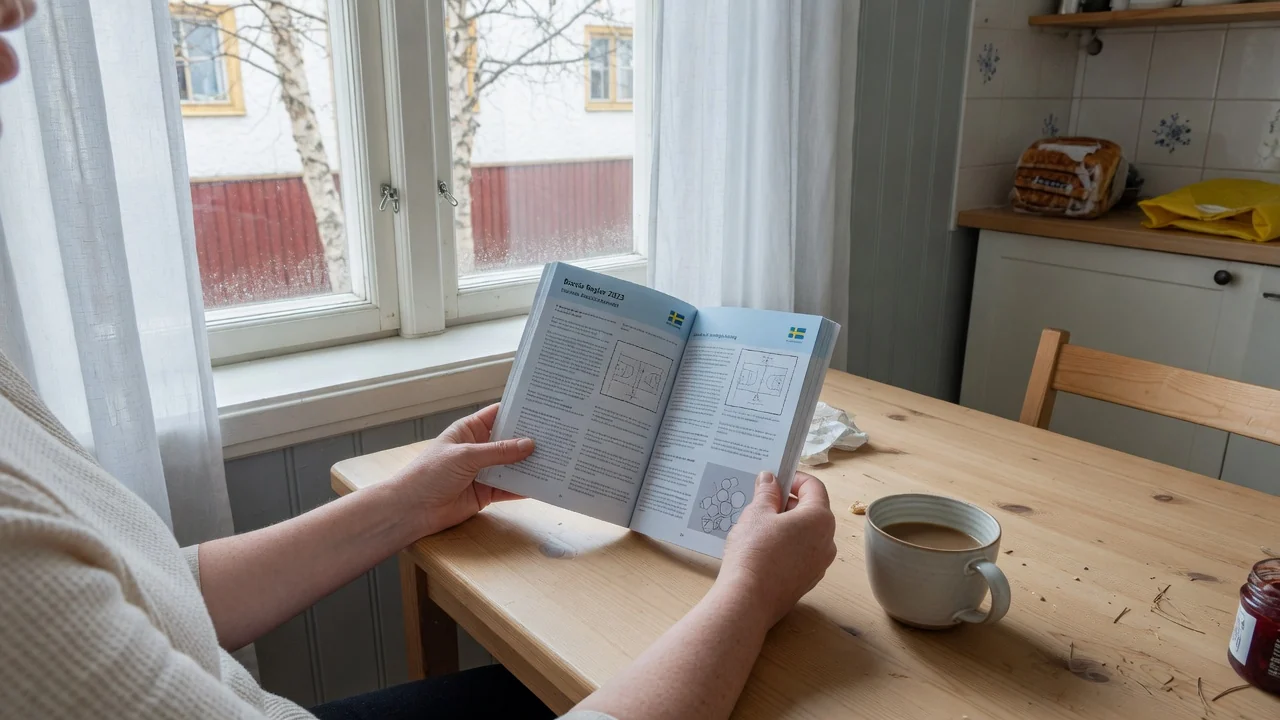 Händer som läser en liten tryckt spelregelbok vid köksbordet