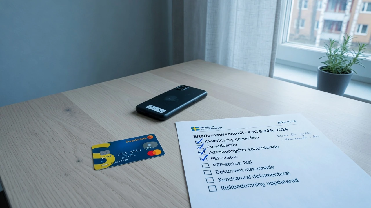 Betalkort, telefon med skärmen nedåt och checklista på skrivbord