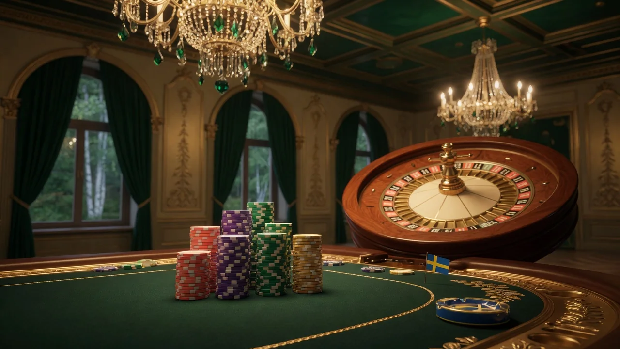 Svensk casinobord med marker och roulette i guldgrönt ljus