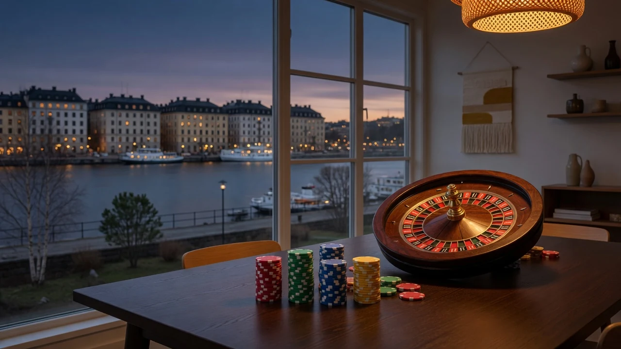 Casinochips och roulettebord med utsikt över Stockholm i skymningen
