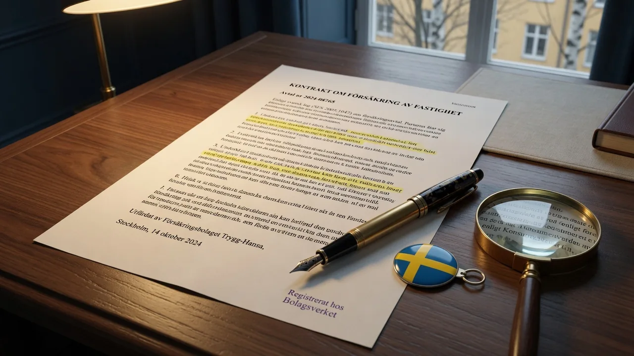 Formellt juridiskt dokument med reservpenna och svensk flagga på skrivbord