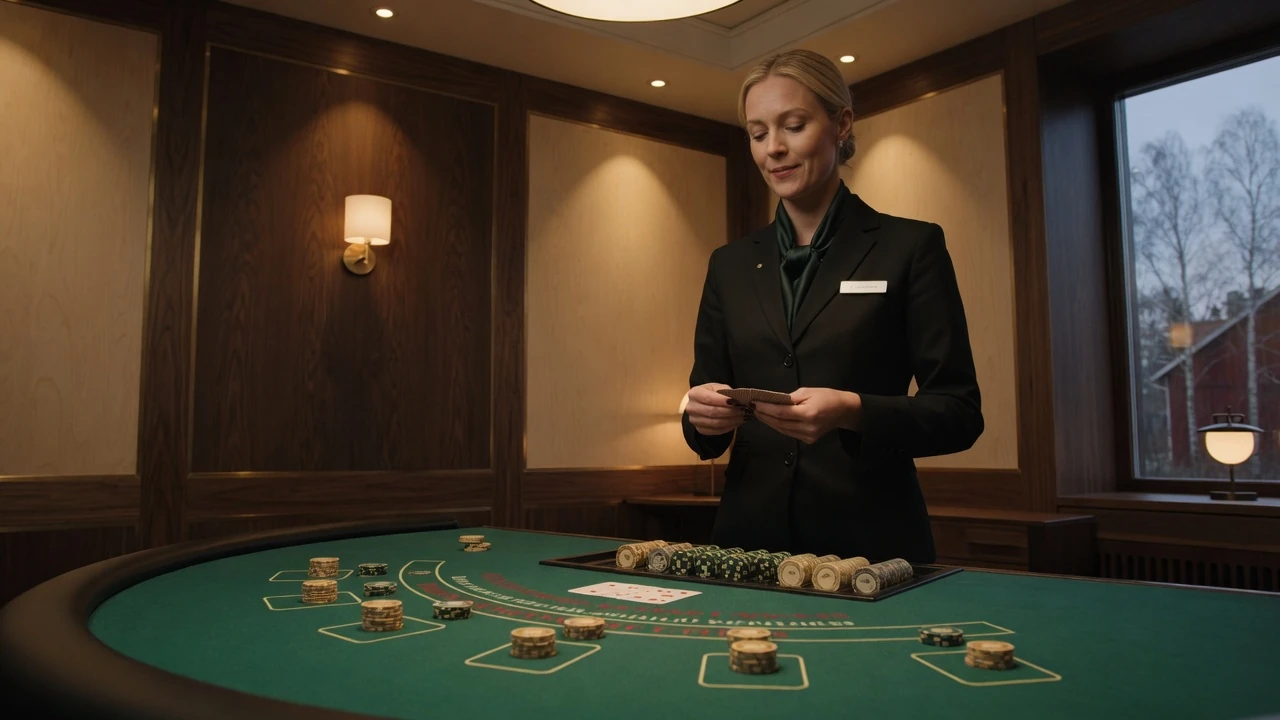Professionell live blackjack-dealer vid grönt bord i modern studio