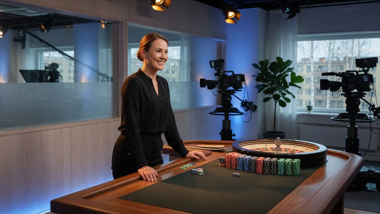 Live dealer i modern casinostudio med marker och roulettehjul