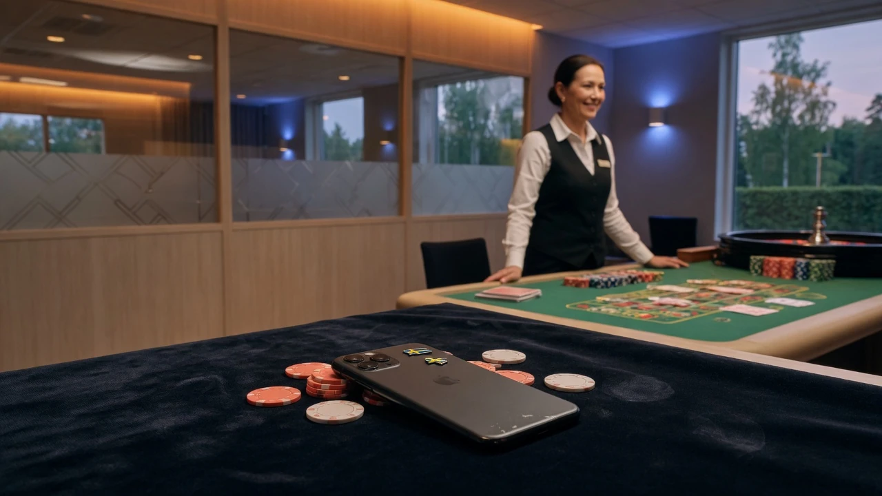 En livedealer vid ett riktigt kasinobord med en mobiltelefon placerad med skärmen nedåt