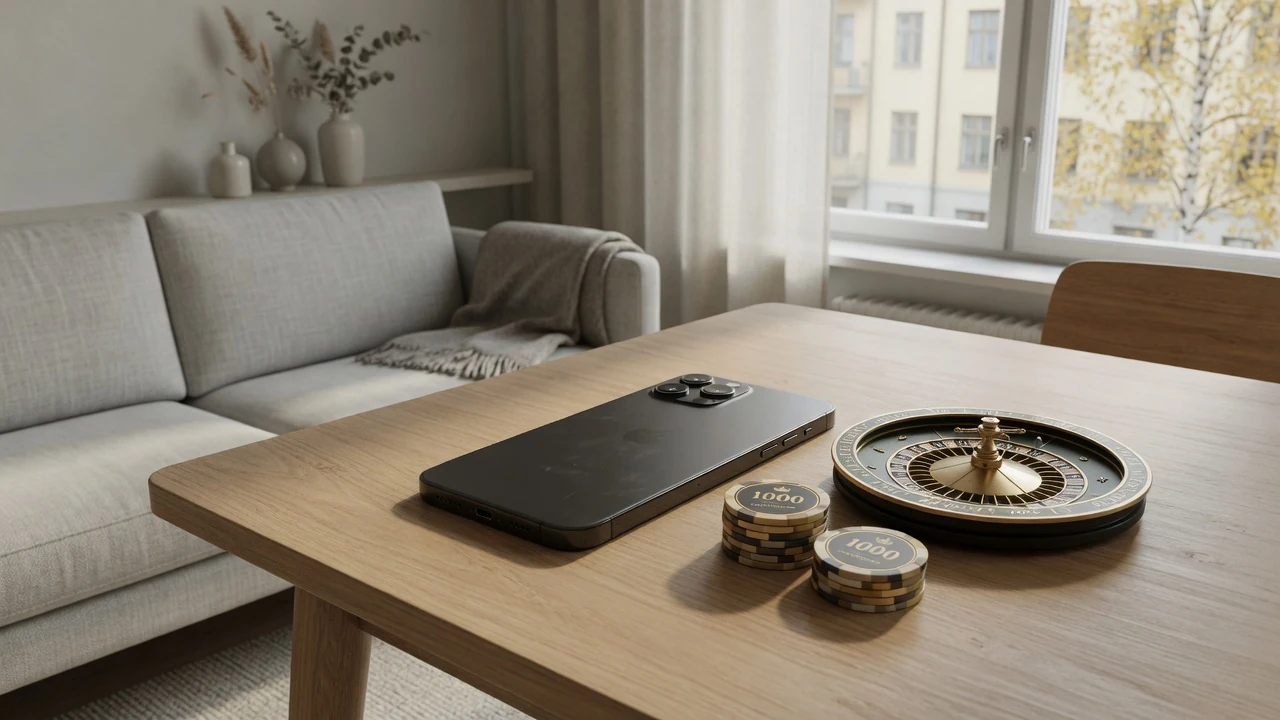 Modern smartphone vid casinoklassiska föremål i en stilren svensk inredning