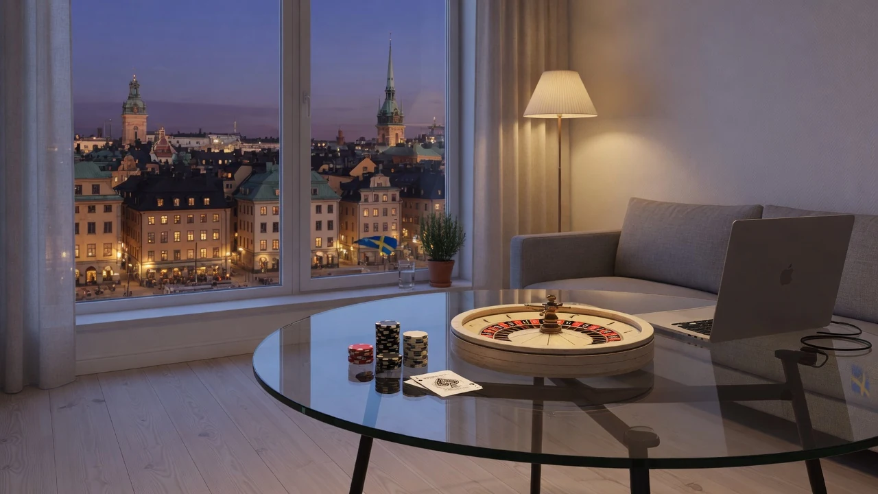 Svenskt vardagsrum med casinotillbehör och Stockholms silhuett i fönstret