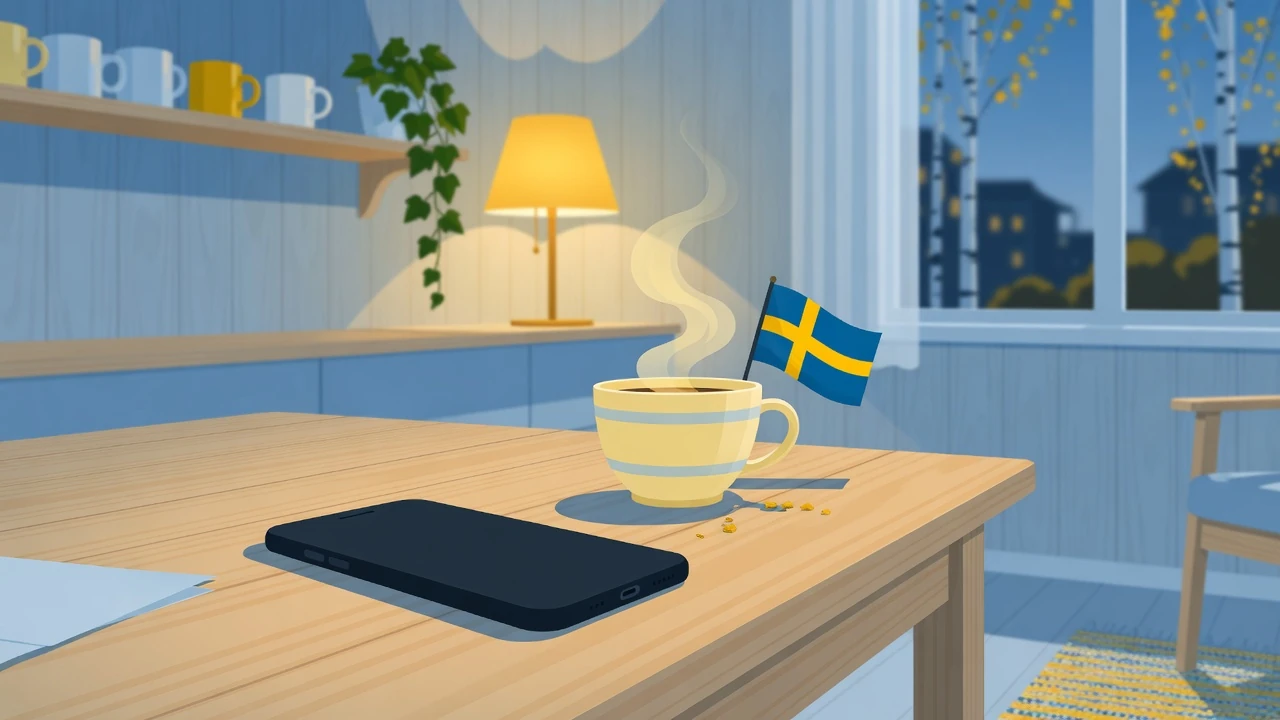Modern nordiskt hem med mobiltelefon och kaffekopp