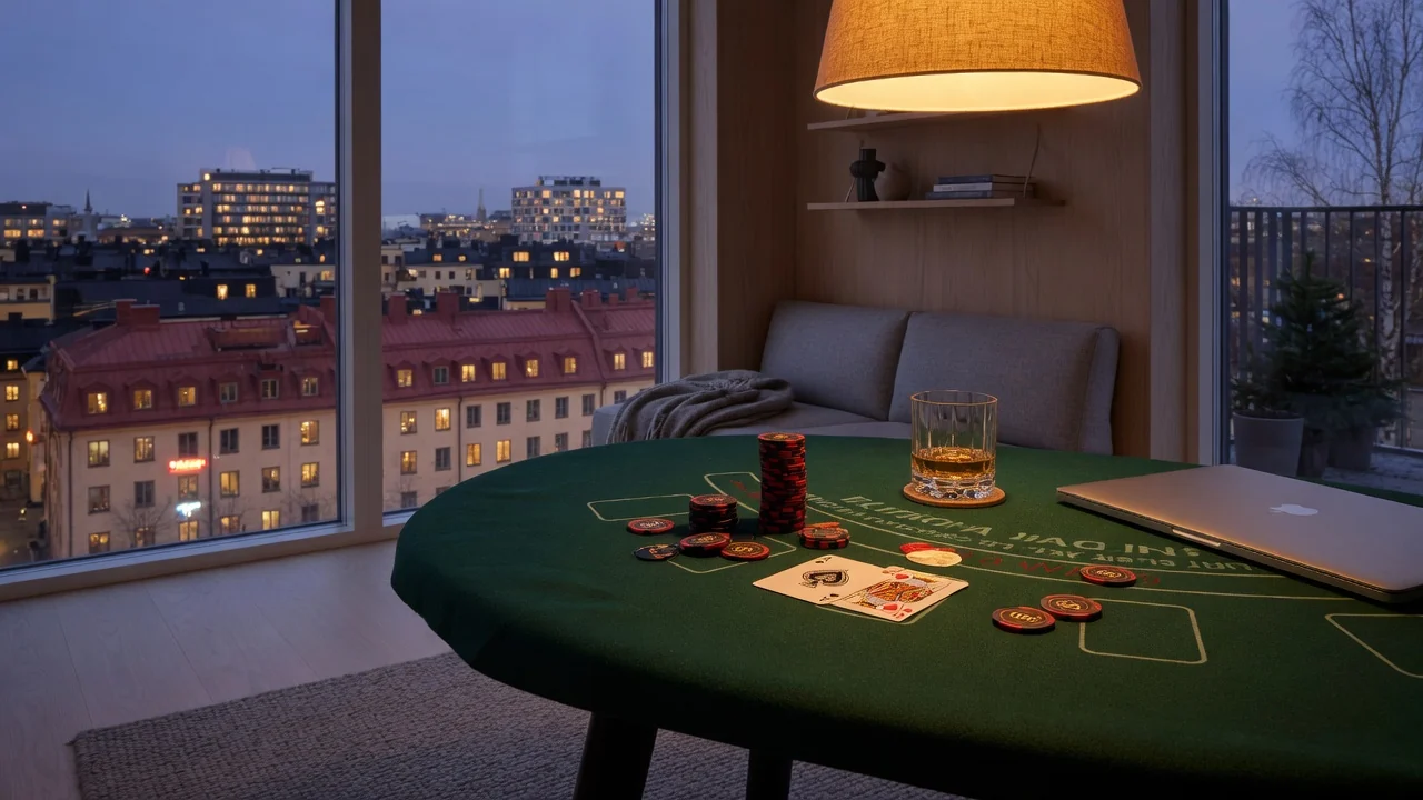 Blackjack-bord med kort och marker i modern svensk lägenhet med Stockholms silhuett i skymningen