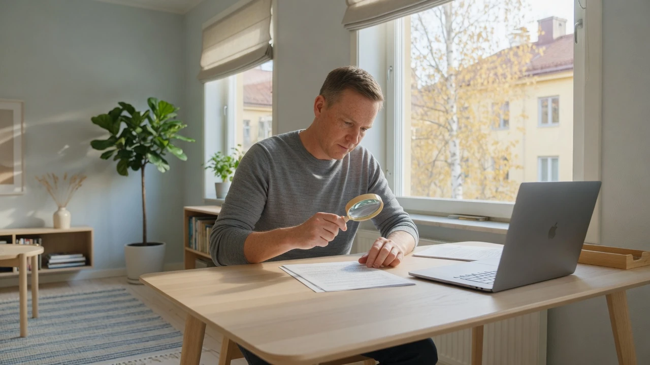 Man granskar dokument med förstoringsglas vid skrivbord