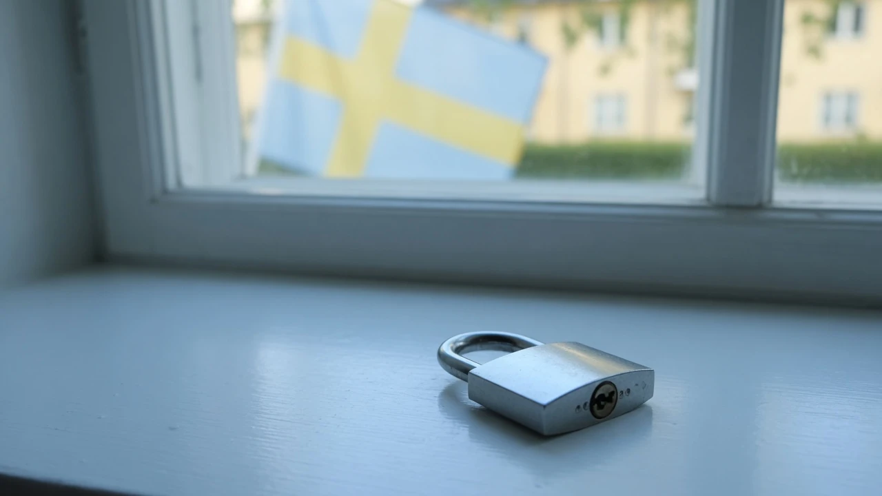 Stängt hänglås på vitt bord med svensk flagga i bakgrunden